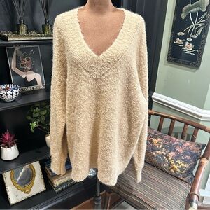Aerie Teddy V-Neck Bouclé Sweater – Size Large – Cozy Texture & Relaxed Fit